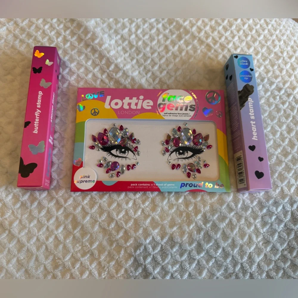 Lottie London Festival Ready Butterfly Heart Stamp Liners & Face Gem Set, 3 pcs